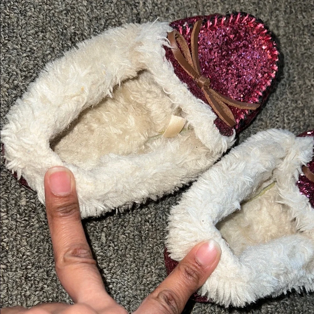 Pink Glitter Moccasin Slippers with Faux Fur Lining